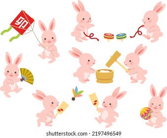 Illustration set of pink rabbits making rice cake and playing Japanese New Year games
The kanji written on the kite means rabbit, not the author's signature.