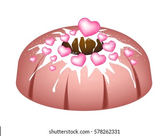 Illustration Set of Pink Valentine Bundt Cake or Traditional Big Round Cake with Hole Inside, Mirror Glaze Coating and Heart Shape Chocolate for Valentine Dessert Isolated on White Background.