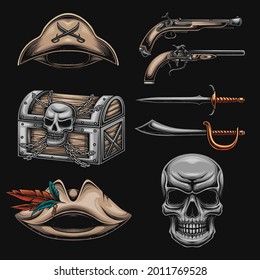 Illustrationsset für Piratenartikel: Pirat, Skelett, Schwert, Pistole, Schatz, Kapitän-Hut