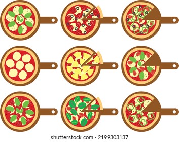 Illustration set of pizza on cutting board