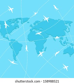 Illustration set planes on map background - vector