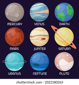 Illustration set of the planets of the Solar system on dark purple background. Cartoon vector planets