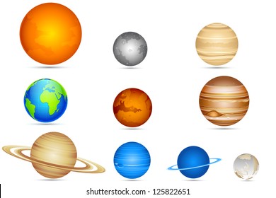 illustration of set of planets with sun and moon