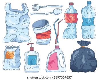 Illustrationssatz von Kunststoffabfällen wie Flaschen, Taschen, Strohhalmen, Einwegbechern, Besteck und Müllsäcken, die Umweltverschmutzung und Abfall von Einwegprodukten darstellen.