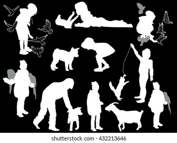 illustration with set of playing girls and animals isolated on black background