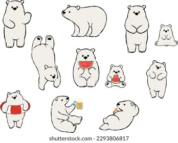 Illustration set of polar bears enjoying summer