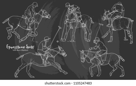 illustration set of polo horse. chalk drawing style.