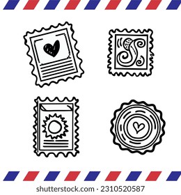 illustration of a set of postage stamps. Black and white.
