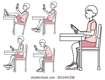 Illustration set of posture of a child sitting on a chair