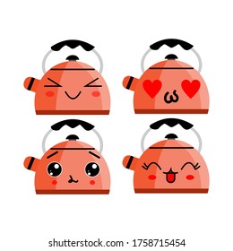 Illustration of a set of pots for cooking water in orange with a funny expression. Vector illustration of a sticker with funny expressions. Can be used for stickers or decoration.