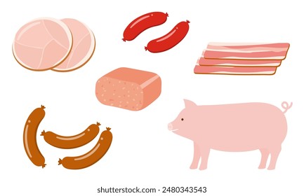 Illustration set of processed meat using pork