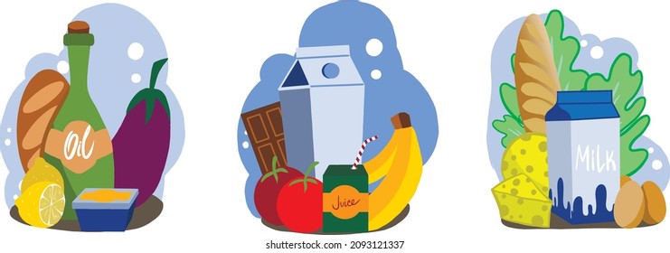 illustration of a set of products and purchases. Vector illustration