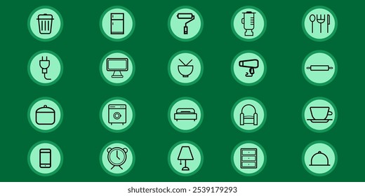 Illustration of a set of professionally coordinated household items icons.