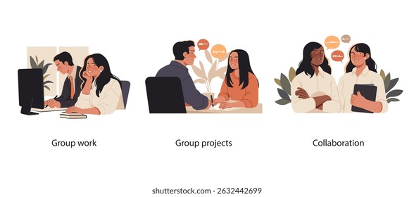 Conjunto de ilustración de profesionales que participan en el trabajo en equipo, discutiendo proyectos grupales y colaborando en tareas en un entorno de oficina moderno.