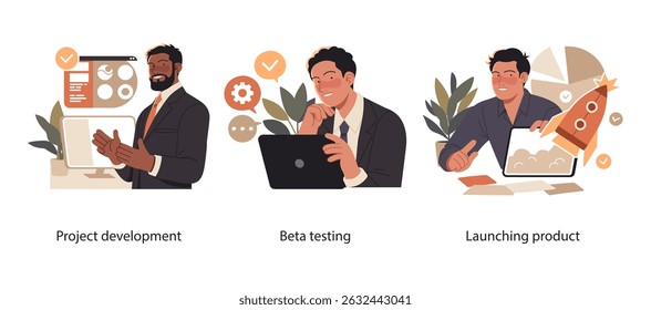 Grupo de ilustração de profissionais que trabalham no desenvolvimento de projetos de software, realizam testes beta e lançam com êxito um novo produto no mercado.