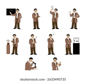 An illustration set of a professor teaching in class, featuring various poses and experimental element, ideal for educational content and academic visuals.