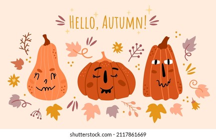 Illustration set of pumpkins with faces. Funny characters with different emotions. Simple cute style. Universal use.