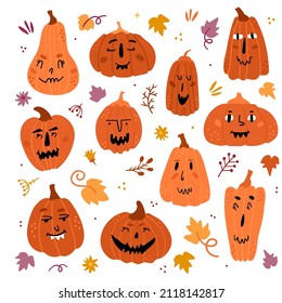 Illustration set of pumpkins with faces. Funny characters with different emotions. Simple cute style. Universal use.