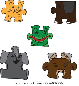 illustration of a set of puzzle, board games, drawn funny  puzzles with faces,animals, smilies  emoticons, emotions, print, card