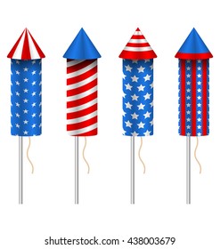 Illustration Set of Pyrotechnic Rockets, with Traditional American Design for Fourth of July and Other Holidays of USA, Group Objects Isolated on White Background - Vector