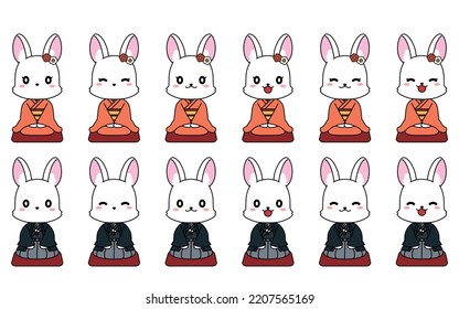 Illustration Set Of Rabbit In Kimono Sitting Straight