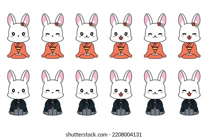 Illustration Set Of Rabbit In Kimono Sitting Straight