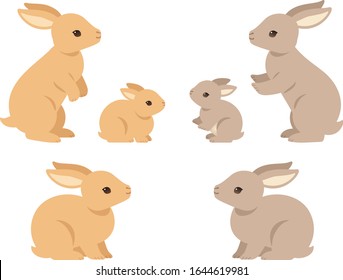 Illustration set of rabbit parents and children looking up (brown, gray) 