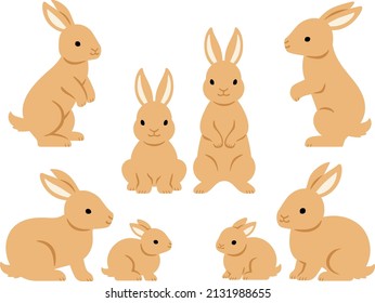 Illustration set of rabbit parents and children facing various directions