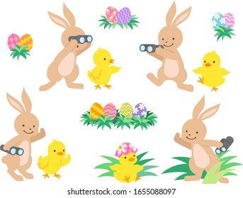
Illustration set of rabbits and chicks searching for Easter eggs