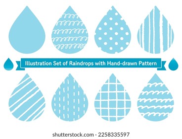 Illustration set of raindrops with hand-drawn pattern.