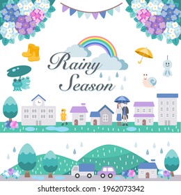 Illustration set of rainy season cityscape and hydrangea