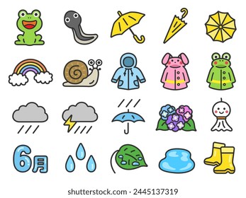 Illustration Set von Regenzeit-Icons (Linie Zeichnungsfarbe).

Abbildung des Juni-Textsymbols (Linienzeichnung).