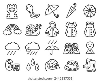 Illustration set of rainy season icons (line drawings).

Illustration of June text icon (line drawing).
