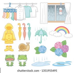 Illustration set of rainy season: laundry, window, rain gear, umbrella, frog, snail, hydrangea, rainbow, puddle