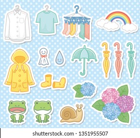 Illustration set of rainy season: laundry, window, rain gear, umbrella, frog, snail, hydrangea, rainbow