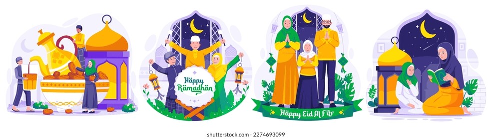 Illustration Set of Ramadan concept with Muslim People greeting and celebrating Ramadan Kareem and Eid Mubarak. Greeting Each other and apologizing. Iftar Party. Reading Quran
