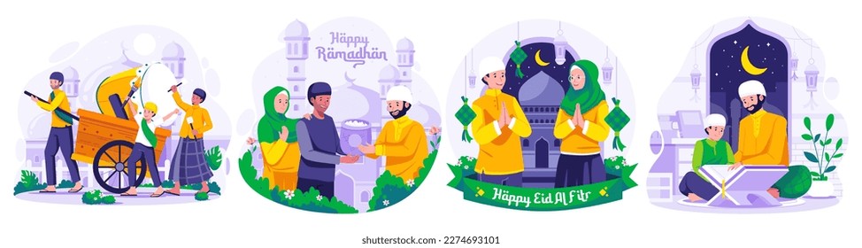 Illustration Set of Ramadan concept with Muslim People greeting and celebrating Ramadan Kareem and Eid Mubarak. Greeting Each other and apologizing. Giving Zakat Charity. Reading Quran