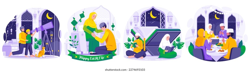 Illustration Set of Ramadan concept with Muslim People greeting and celebrating Ramadan Kareem and Eid Mubarak. Greeting Each other and apologizing. Iftar Party. Looking for Hilal or New Moon