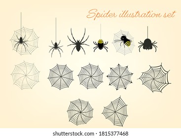 Illustration set of real and cute spiders and spider webs