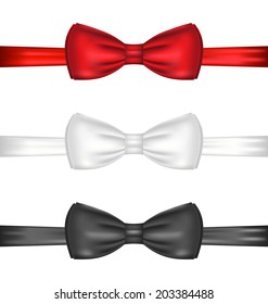 Illustration set realistic red, white and black bow ties, isolated on white background - vector