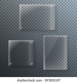 Illustration of Set of Realistic Vector Glass Frame Template. EPS10 Vector Plastic Plate Set Isolated on Transparent PS Style Background