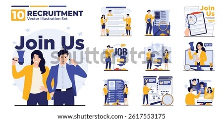 Illustration set of recruitment process including HR interview, job vacancy, CV resume screening, and join us campaign