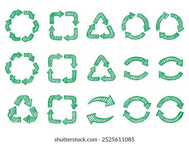 Illustration set of recycling symbols drawn with brush and India ink.