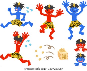 Illustration set of red and blue demon children for Setsubun (escape, tease, face and hand icons)
Setsubun is a day to celebrate the end of winter and the beginning of spring on February 3 in Japan.