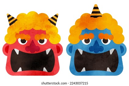 Illustration set of red and blue demons with big mouths (watercolor style) .There are other variations as well.