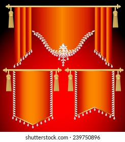 Illustration set of red curtains with precious stones and gold tassels