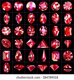 Illustration set of red gems of different cuts and shapes