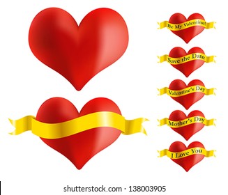 Illustration - Set of Red Heart Icons With Golden Ribbon