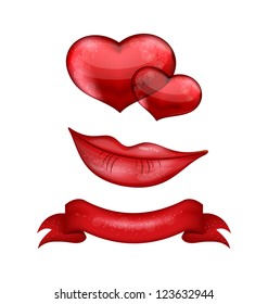 Illustration set of red hearts, lips, ribbon isolated on white background - vector