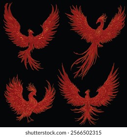 illustration with set of red phoenixes isolated on black background